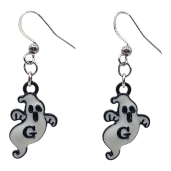 Black White Ghost Earrings Halloween Jewelry Enamel Dangle Earrings Gift for Her - Picture 1 of 4